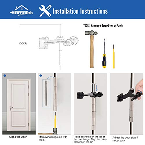 HOMOTEK 2 Pack Hinge Pin Antique Brass Door Stopper, Adjustable Deluxe Heavy Duty Door Stopper 2-1/2"x1-3/4”, with Black Rubber Bumper Tips