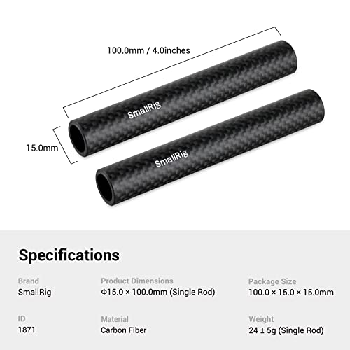 SmallRig15mm Carbon Fiber Rod for 15mm Rod Support System (Non-Thread), 4 inches Long, Pack of 2-1871