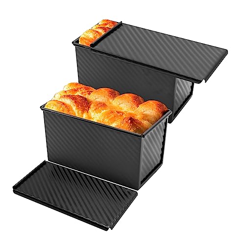 DUZFOREI 2pcs Loaf Pan with Lid,1lb Non-Stick Bread Pan,Bakeware Durable Carbon Steel Bread Toast Mold, Carbon Steel Corrugated Bread Toast Box for Bakeware,Homemade Cakes, Baking Breads and Meatloaf