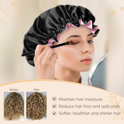 YANIBEST Silk Satin Bonnet for Sleeping Double Layer Adjustable Bonnet for Women Curly Natural Hair,Black