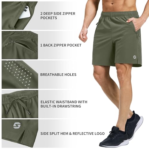 S Spowind Men’s Running Athletic Shorts 7 Inch Quick Dry Lightweight Workout Gym Tennis Shorts 3 Zipper Pockets Army Green