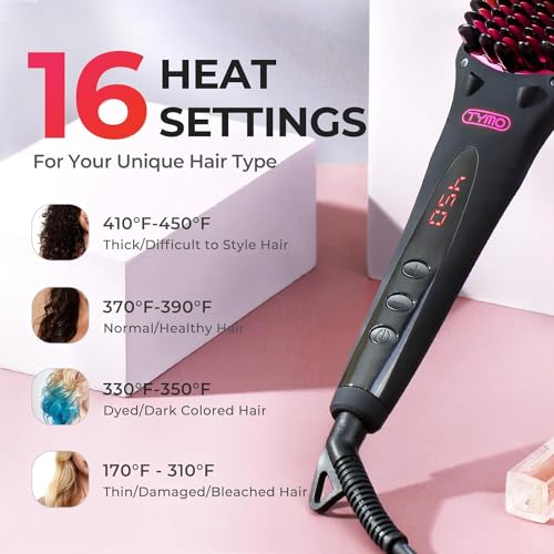 TYMO One-Step Hair Straightening Brush with Negative Ions, Ceramic Heating, 16 Temperature Settings, LCD Display, and Anti-Scald Safety Design for All Ages