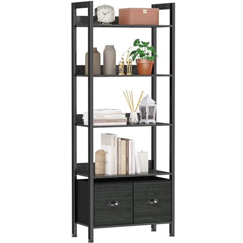 Furologee 5-Tier Bookshelf, Tall Bookcase with 2 Storage Drawers, Industrial Display Standing Shelf Units, Wood and Metal Storage Shelf for Living Room, Bedroom, Home Office, Black Oak