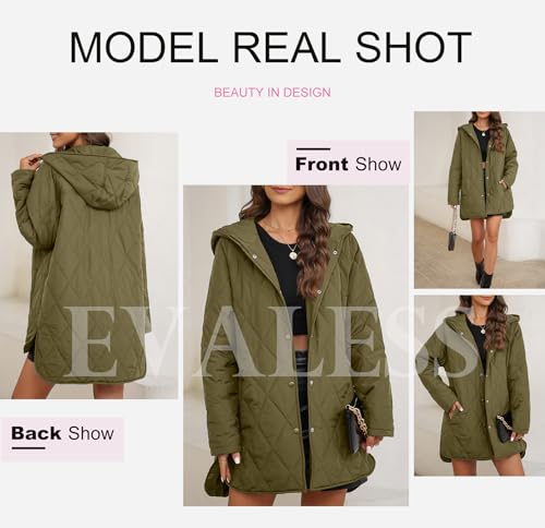 EVALESS Winter Jacket for Women Diamond Quilted Jackets Women's Fashion Winter Long Sleeve Coat Hooded Button Down Puffer Jacket Solid Shacket Jacket Clothing for Women Dressy Casual, Red Medium