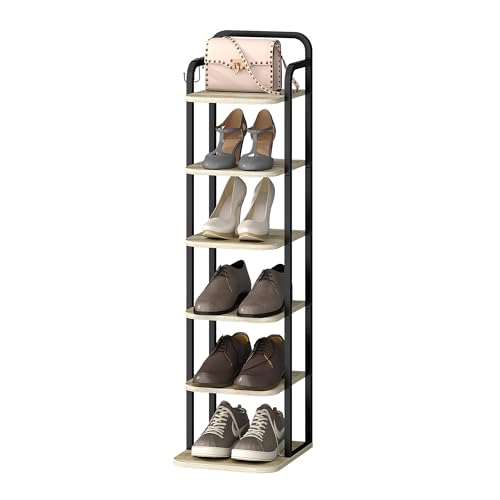 Hzuaneri Vertical Shoe Rack, Shoe Shelves, Wood Shoe Organizer for Closet, Entryway, Shoe Tower for Small Spaces, Free Standing, Adjustable, with 2 Hooks, 6 Tier Black SR04204B