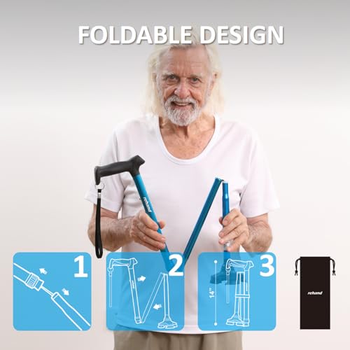 REHAND Walking Cane for Men & Women - Foldable, Adjustable, Lightweight, Self Standing Pivot Walking Cane, Soft Handle Grip, with Travel Bag, Walking Sticks for Seniors & Adults (Black)
