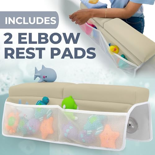 Toodly Baby Bath Kneeler and Elbow Rest Pad Set - Baby Bath Support for Knees and Elbows - Bath Kneeler Pad with Memory Foam and Bath Toys Organizer - Ideal Bath Kneeling Pad for Bathing Baby - Beige