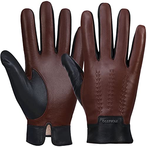 FIORETTO Men’s Chrome-Free Leather Gloves – Sheepskin Touchscreen Winter Driving Gloves with Cashmere Lining Brown Small