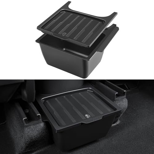 KUNIST Rear Under Seat Organizer for Tesla Model Y 2024 Accessories Backseat Storage Box with lid Center Console Storage Tray Trash Can Bin for Tesla Model Y 2020-2024 (Push-button Design