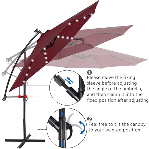 Yaheetech 10FT Solar Offset Umbrella with 32 LED Lights Cantilever Hanging Outdoor Umbrellas Handy Crank & Cross Base for Lawn/Deck/Backyard/Pool Burgundy