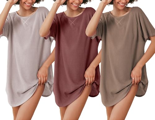 Ekouaer 3 Pack Womens Loose Comfy Nightshirt Sleepwear Short Sleeve Nightgowns Casual Sleepshirt Loungewear Set 4 S