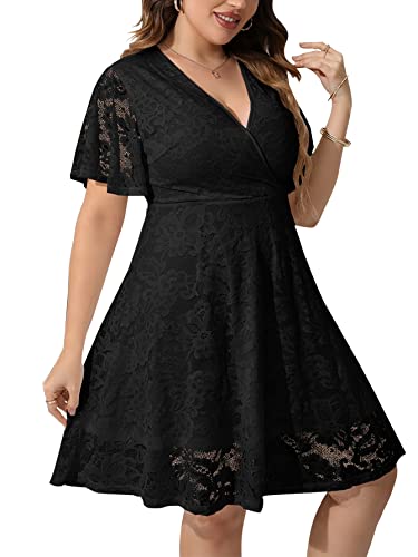 SCOMCHIC Women Plus Size Lace Cocktail Dresses Faux Wrap V Neck Short Sleeve Flowy A Line Wedding Guest Midi Dress Navy