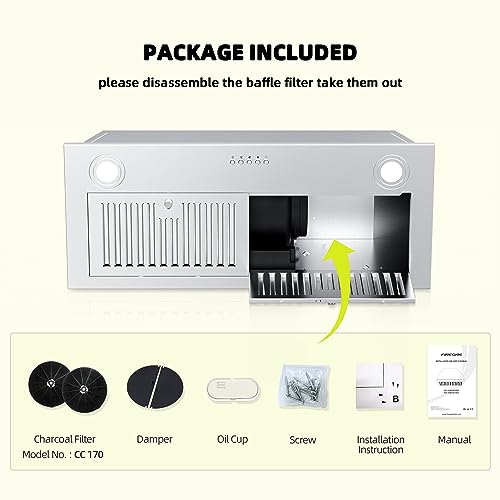 FIREGAS Range Hood Insert 30 inch, Built-in Kitchen Hood with 600 CFM, Ducted/Ductless Convertible Kitchen Vent Hood, Stainless Steel Stove Hood with Push Button, Baffle Filters and Charcoal Filters