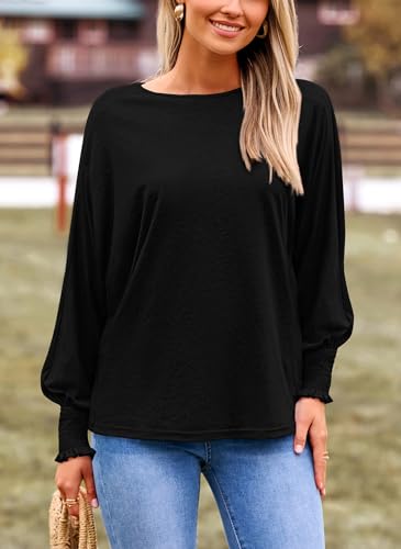 PRETTYGARDEN Women's 2024 Fall Fashion T Shirts Puff Long Sleeve Crewneck Casual Basic Tee Tops Blouses (Black,Small)