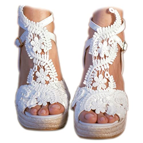 MiLanolce Women's Platform Sandals Wedge Open Toe Ankle Strap lace Wedding Shoes Bridesmaid Shoes,White,size-11