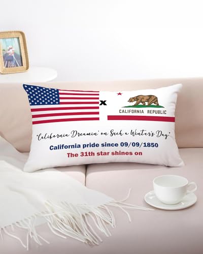 4th of July California Pillow Cover 12x20 - Patriotic Golden Bear on State Flag Design, Celebrates American Independence, Perfect for Memorial Day, California Dreamin' Home Decor