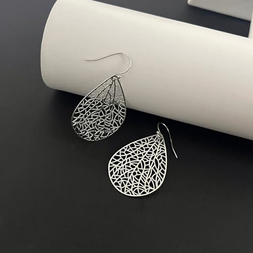 Handmade Filigree Teardrop Dangling Earrings for Women, 925 Sterling Silver Hooks Exquisite Leaf Earrings for Gift