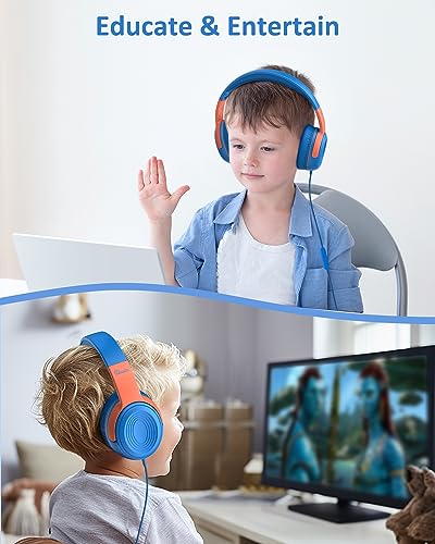 ELECDER Kids Headphones, S8 Wired Headphones for Kids with Microphone for Boys Girls, Adjustable 85dB/94dB Volume Limited, 3.5 mm Jack for School/Kindle/Smartphones/Tablet/Airplane Travel(Blue/Red)