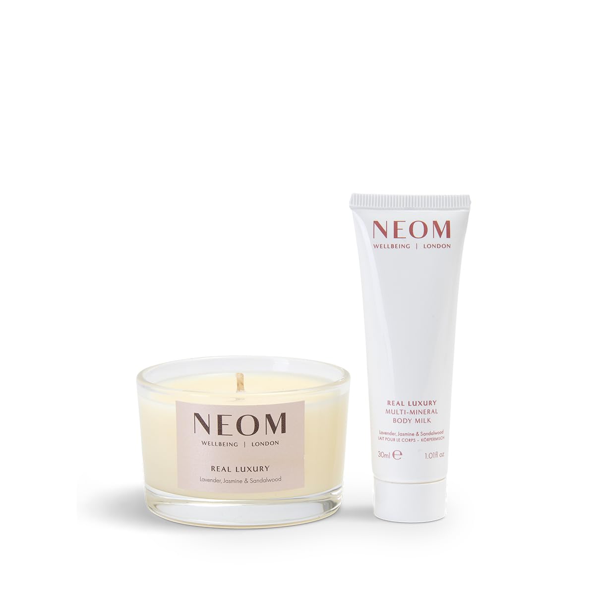 NEOM- Moment of Calm Gift Set | Real Luxury Travel Candle & Real Luxury Multi-Mineral Body Milk 30ml