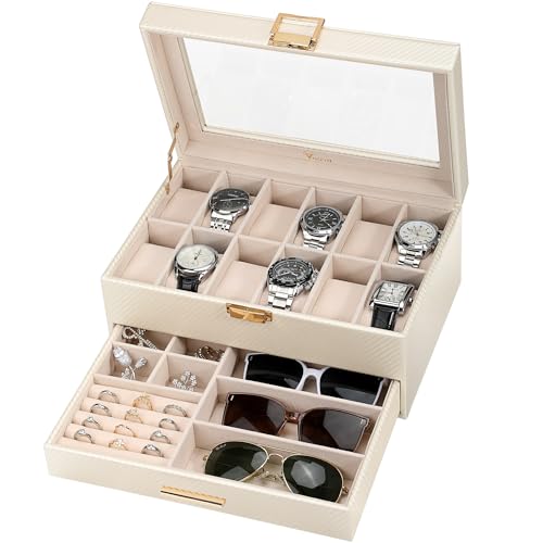 Voova Jewelry Box Watch Boxes Organizer for Men Women, 2 Layer Large 12 Slot PU Leather Watch Storage Case, Glass Top Jewelry Display Holder for Watches Sunglasses Rings Necklaces Bracelets,Apricot