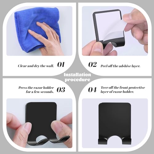 Razor Holder Shaver Hook Hanger Stand Self Adhesive Stainless Steel Utility Storage Hook Shower Hook For Razor Bathroom Kitchen Organizer For Plug Robe Towel Loofah Bathrobe Coat-4 Packs (Black)