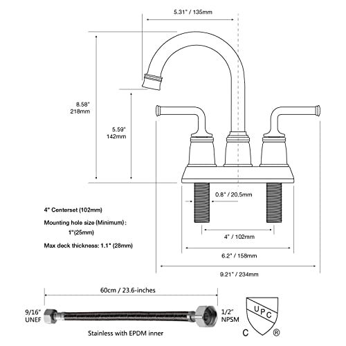TRUSTMI Centerset Bathroom Faucet 4 Inch Vanity Sink Hot Cold Faucet with Overflow Drain and Waterlines, Brushed Gold