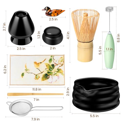 Matcha Whisk Set and Bowl, Matcha Making Kit Whisk, Bowl With Spout, Sifter, Ceramic Whisk Holder, Spoon Japanese Tea Powder Starter Tools For Ceremony Gift (Black, 9 Pack)