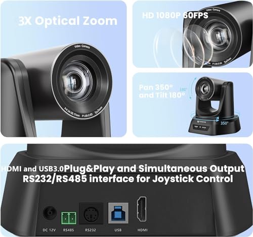 TONGVEO Conference Room PTZ Camera System 3X Optical Zoom USB3.0, HDMI 114° Wide Angle 1080P 60fps Camera Bundle with Bluetooth Microphones - Easy Setup for Church