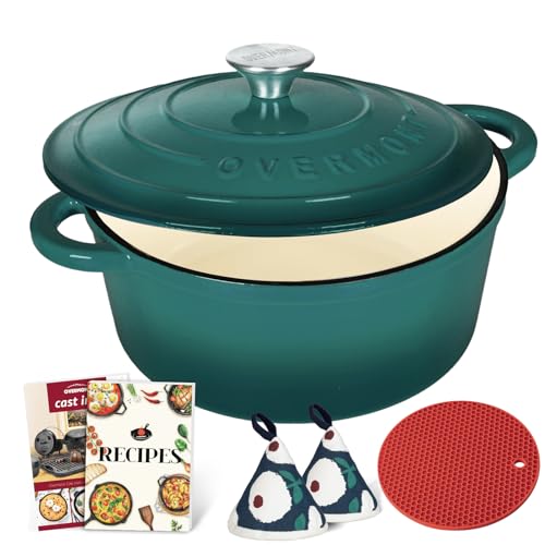 Overmont Enameled Cast Iron Dutch Oven - 4.5QT Pot with Lid Cookbook & Cotton Potholders - Heavy-Duty Cookware for Braising, Stews, Roasting, Bread Baking bottle green