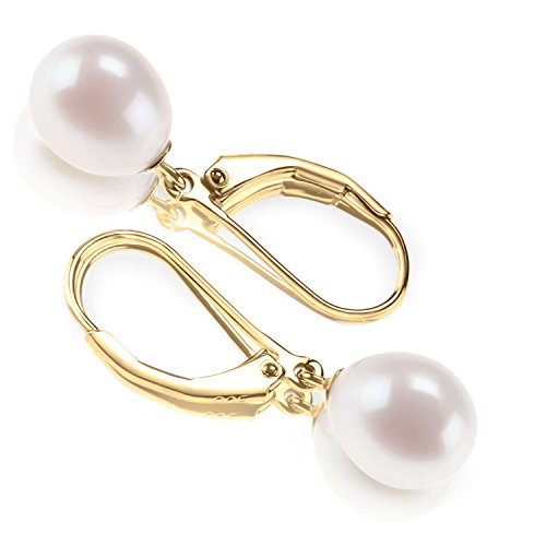 PAVOI 14K Yellow Gold Plated Freshwater Cultured Pearl Earrings Leverback Dangle Studs - Handpicked AAA 7mm