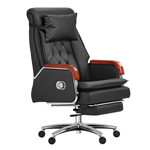 Kinnls Cameron Massage Chair Genuine Leather Executive Office Chair for Long Hours Ergonomic Home Chair Fully Reclining with Pillow,Retractable Footrest and Adjustable Headrest (Cowhide Leather-Black)