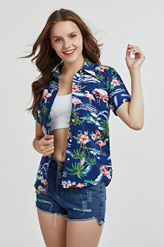 SSLR Hawaiian Shirts for Women Flamingo Shirt Tropical Shirts for Women Summer Casual Short Sleeve (Medium, Light Grey)