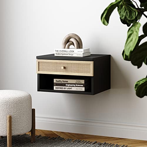 Nathan James Jackson Wall Mounted Rattan Floating Bedroom Nightstand with Storage Drawer and Modern Open Shelf Cubby, Black/Rattan