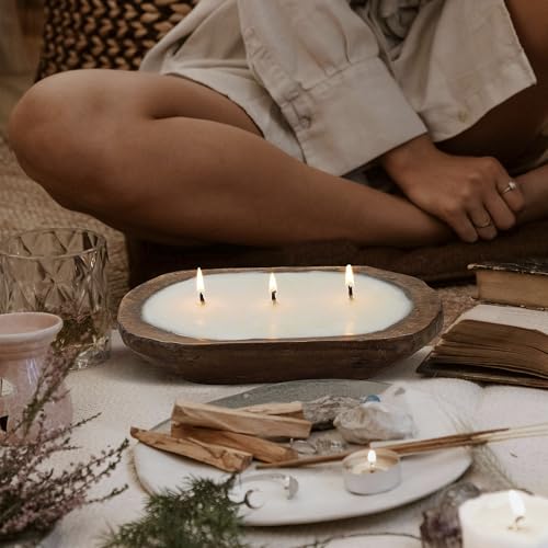 Dough Bowl Candle Co. Honeysuckle Jasmine Soy Candle - 6 Wick Rustic Farmhouse Coffee Table Decor, Odor Eliminator in Wooden Bowls, 32 Oz Wooden Dough Bowl Candle, All-Natural Gifts for Women or Men