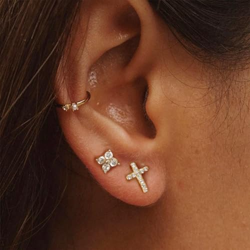 BG&WLing Cubic Zirconia Cross Earrings for Women, 14K Gold Plated Sterling Silver Stud Earrings Hypoallergenic, Cute Dainty Jewelry Gifts (Gold)