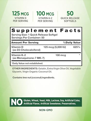 Vitamin K2 MK7 Complex | 100 mcg | 50 Softgels | with Vitamin D3 | Non-GMO & Gluten Free Supplement | by Nature's Truth