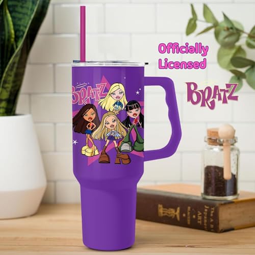 Silver Buffalo Bratz Featuring Cloe, Yasmin, Jade, and Sasha Stainless Steel Tumbler with Handle and Straw, Fits in Standard Cup Holder, 40 Ounces