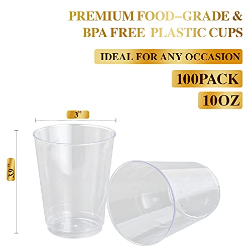 FOCUSLINE 100 Pack Clear Plastic Cups 10 oz Disposable Cups Heavy Duty Plastic Tumblers, Reusable Clear Hard Plastic Cups Tumblers for Wedding, Thanksgiving, Halloween, Christmas Party