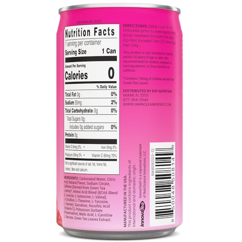 RSP NUTRITION AminoLean Energy Drink - Sugar Free Amino Energy with No Jitters, Tingles, or Crash, Vegan Amino Acids, Berry Elixir, 12 Pack