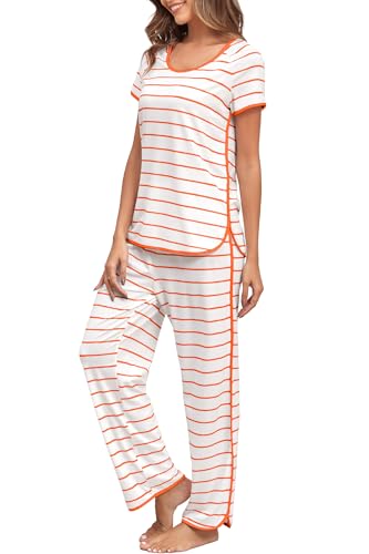 FKEEP Stripe Pajamas Set Women Two-Piece Nightwear Short Sleeve Sleepwear Soft Side Split Loungewear Pjs Sets(Wine Red and White,Medium)