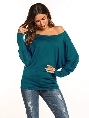 Poetsky Womens Casual Long Sleeve Boat Neck T Shirts Blouses Loose Solid Color Tunic Tops Dark Blue M