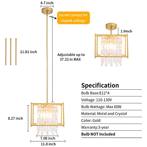 Ejerlya Gold Crystal Chandelier Industrial Pendant Light 11.81 inch Square 4 Lights Modern Vintage Semi Flush Mount Ceiling Light Fixture for Kitchen Island Dining Room Living Room Bedroom