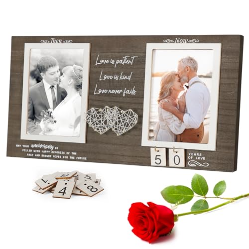 Then and Now Anniversary Picture Frame, 1-99 Years Wedding Gift Ideas, Engagement Bridal Shower Gifts, 25th Anniversary Wood Double Photo Frame for Couple, 4x6 Inches Photos