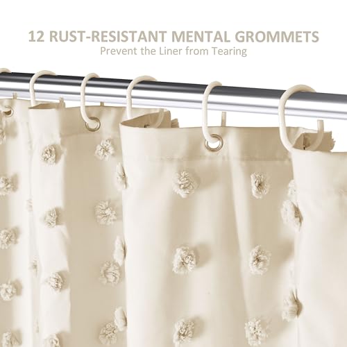 Siiluminisoy Small Stall Boho Shower Curtain Woven Fabric Cute Beige Shower Curtain, 36 x 72 Tufted Pleat Floral Textured Modern Farmhouse Minimalist Shower Curtain Set with Hooks for Bathroom