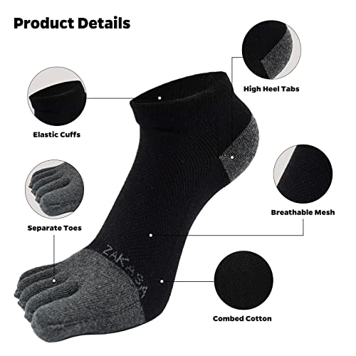 ZAKASA Mens Ankle Toe Socks Athletic Running Five Finger Socks Cotton Low Cut No Show Socks 5 Pairs Size 8-15 Multicolor