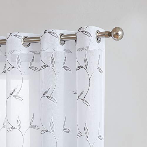 Warm Home Designs Pair of 2 Sheer White Faux-Linen Short Size Curtain Panels with Beautiful Charcoal Color Stitched Leaf Embroidery. Each Grommet Drape is 54" (Width) x 63" (Length). M Charcoal 63"