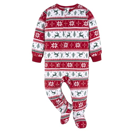 Gerber Unisex Baby Toddler Flame Resistant Fleece Footed Holiday Pajamas 2-Pack, Deer Fairisle