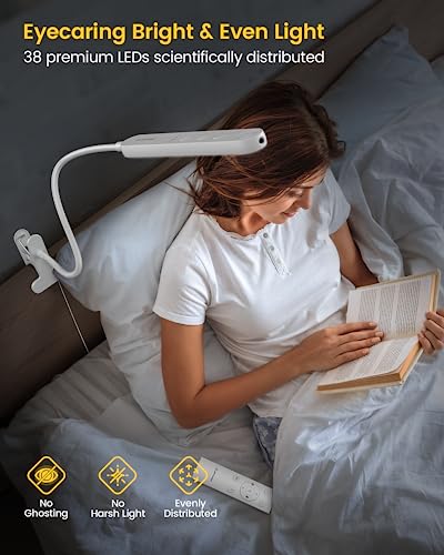Glocusent 5W Multi-Purpose Clip On Light, 38 LED Eye Caring Reading Bed Lamp, 5 Color & 5 Brightness with a Remote, 30-Min Auto Off Timer, Perfect for Bed Reading/Studying/Working
