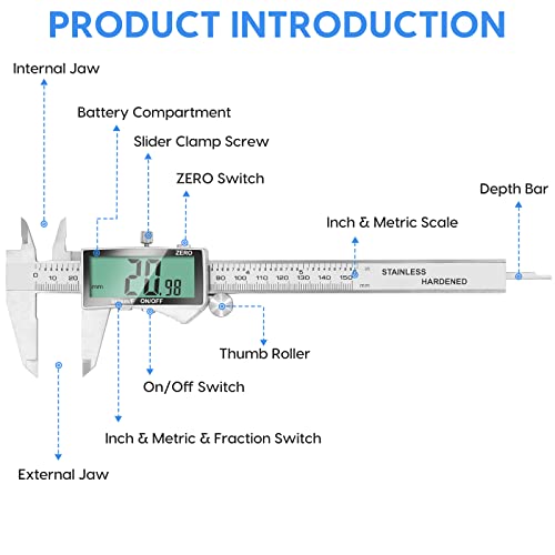 Digital Caliper, 6 Inch Caliper Tool with Extra Large LCD Screen, Auto-Off Feature, Easy Switch from Inch Metric Fraction, Stainless Steel Vernier Caliper Measuring Tool for DIY/Household