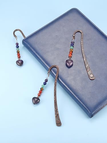 Jovivi Crystal Heart Bookmark for Women Antique Copper Metal Bookmark Natural 7 Chakra Beads Amethyst Healing Stone Vintage Bookmarks for Student Office Birthday Gifts